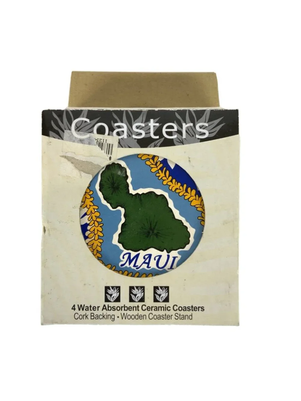 Maui-Themed Ceramic Coasters Set Of 4 With Cork Backing & Wooden Stand